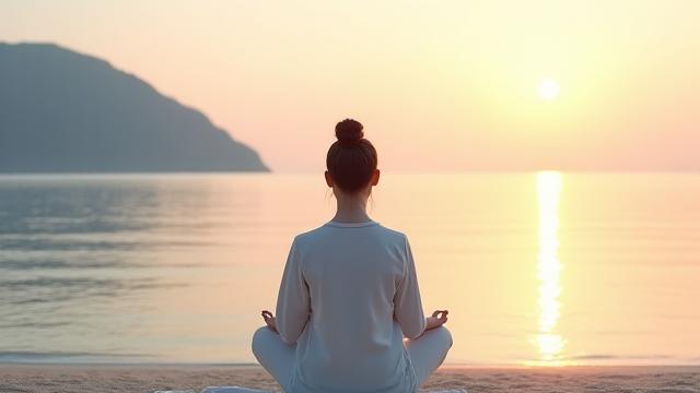 바닷가에서 평화롭게 명상하는 여성