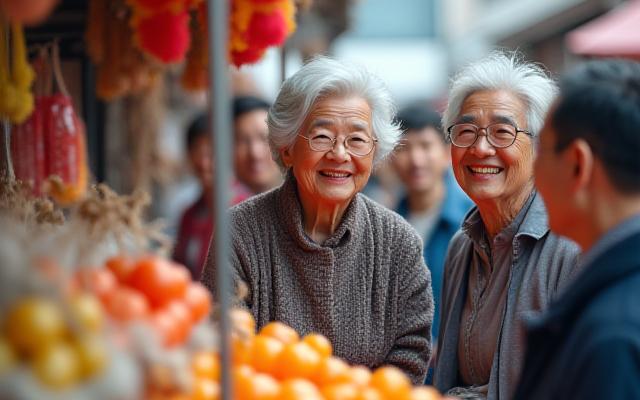 전통 시장에서 활기차게 장을 보는 시니어들