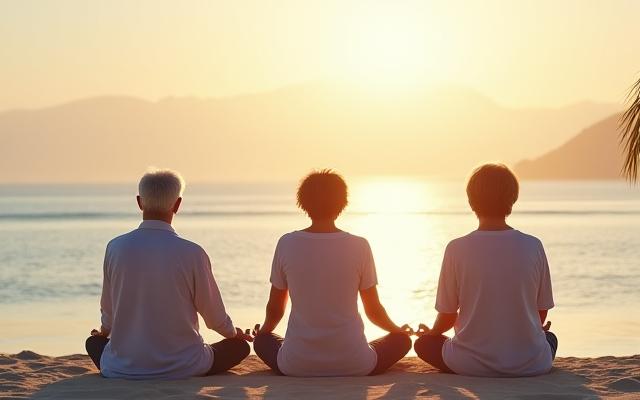바닷가에서 명상하는 시니어 그룹